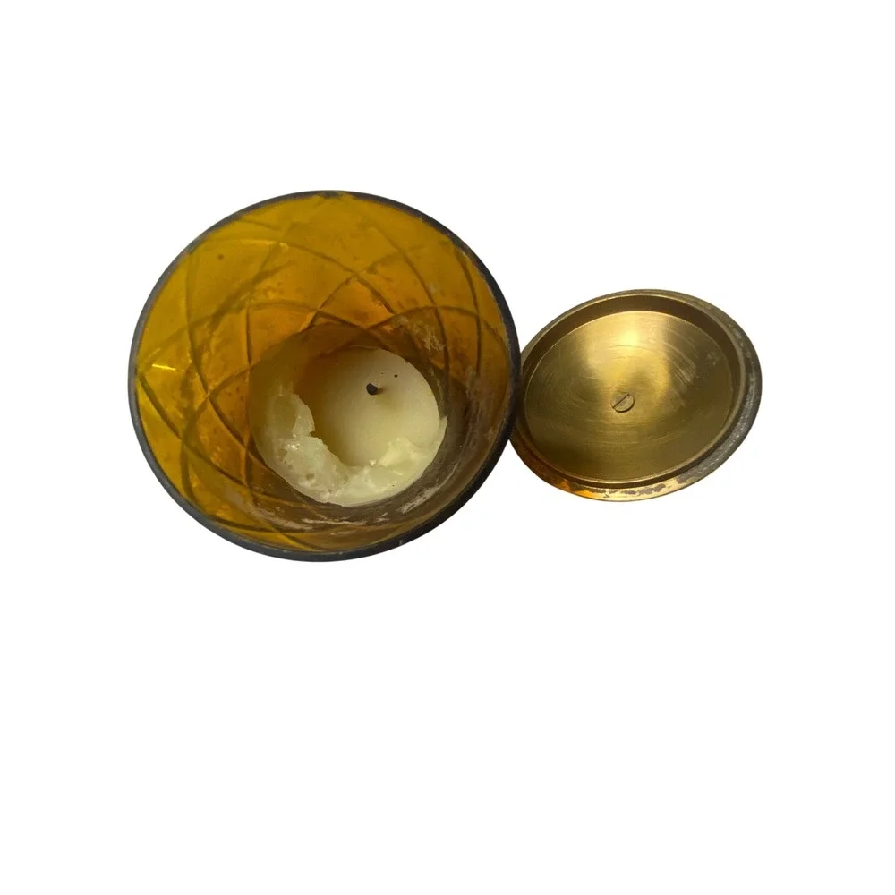 Vintage Amber Glass Twist Pattern Vase Brass Lid MCM Mid Century Modern